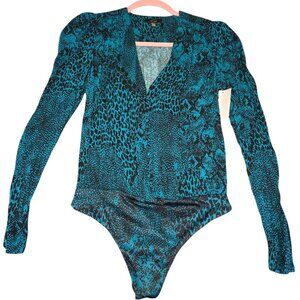 NEW AFRM V Neck Button Down Teal Blue python snake Print Bodysuit